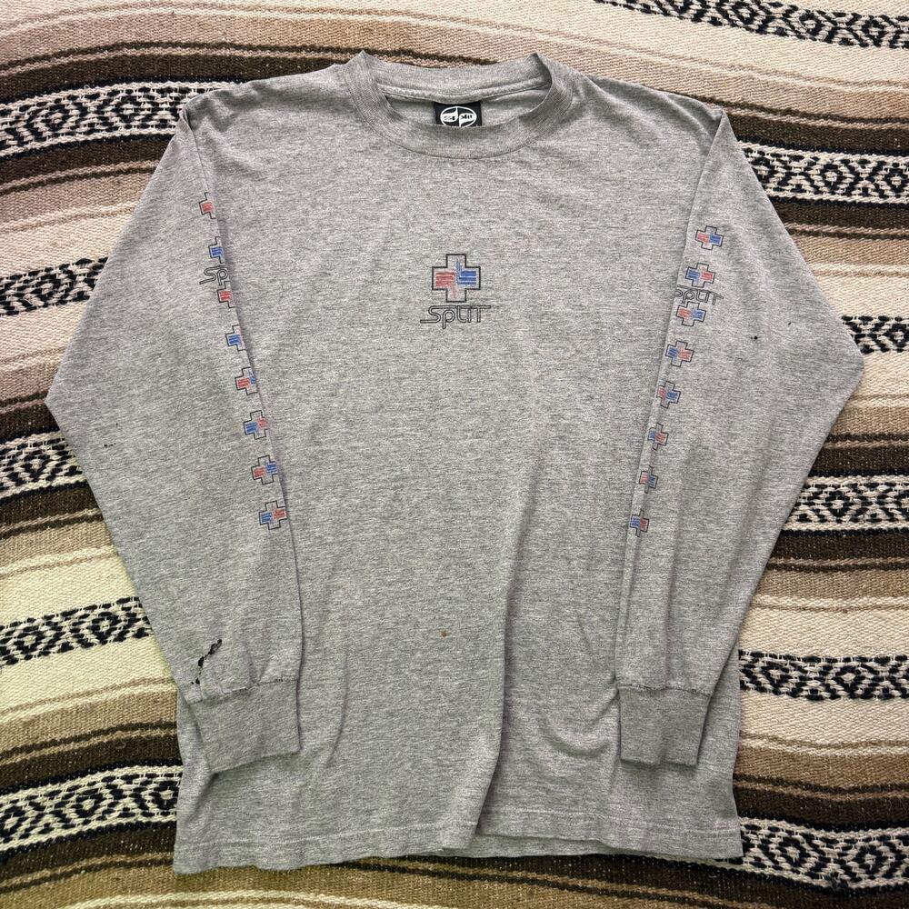 Men's Vintage 90's Split Skateboards Gray Long Sleeve Logo Skate Shirt Sz Large
